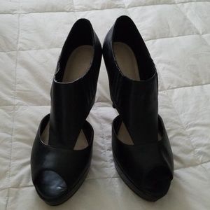 Black open toe leather booties